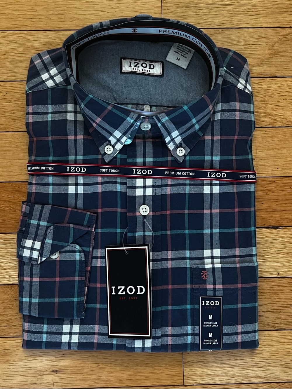 Izod Navy Teal Pink Plaid Button-Down Shirt - Classic Plaid